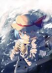  cold hat jacket mieharu red_eyes remilia_scarlet scarf short_hair sleeves_past_wrists snow solo touhou wind 