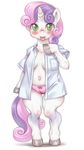 blush furry green_eyes hoihoi horn my_little_pony my_little_pony_friendship_is_magic open_clothes open_shirt panties pink_panties shirt solo sweetie_belle tongue tongue_out underwear white_background 