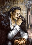  absurdres black_hair bracelet cape cigar earrings fur_cape highres hook_hand jewelry looking_at_viewer male_focus one_piece ring scar sir_crocodile sitting smoke smoking solo takumi_(marlboro) 