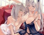  breasts cleavage gray_hair green_eyes long_hair navel nipples panties purple_eyes scan see_through supertie thighhighs underwear yuri 