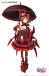  aoi_tsunami bad_id bad_pixiv_id blush boots detached_sleeves dress gothic_lolita gun hairband headgear lolita_fashion lolita_hairband mecha_musume pantyhose parasol red_hair ribbon rifle short_hair shoujo_kikai_web solo striped striped_legwear umbrella weapon yellow_eyes 