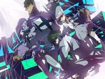  3boys baton blonde_hair blue_hair computer dutch_angle gamagoori_ira glasses green_hair hat hoippii_(zanzodx) inumuta_houka jakuzure_nonon kill_la_kill laptop multiple_boys pink_hair sanageyama_uzu shako_cap uniform 