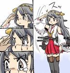  4koma boots comic crying crying_with_eyes_open hair_ornament hairband haruna_(kantai_collection) kantai_collection nontraditional_miko ohyo pleated_skirt salute skirt tears thigh_boots thighhighs zettai_ryouiki 