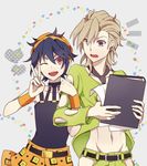  belt binder black_hair blonde_hair choker earrings food formal fruit headband heart jewelry jojo_no_kimyou_na_bouken multiple_boys narancia_ghirga necktie one_eye_closed open_clothes pink_eyes purple_eyes riddle_aster short_hair smile strawberry suit v 