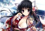  &gt;_&lt; animal_ears black_hair blush breasts cat_ears cleavage closed_eyes floral_print highres horns japanese_clothes karory kimono kotora_(toranoana) large_breasts looking_at_viewer nail off_shoulder omikuji open_clothes open_kimono purple_eyes sarashi shrine smile tiger toranoana underbust 