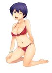  bikini bracelet breasts claire_heathrow cleavage gundam jack_hamster jewelry kneeling large_breasts navel one_eye_closed purple_eyes purple_hair sd_gundam_g-generation short_hair smile solo swimsuit 