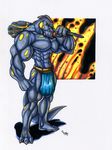  abs anthro biceps big_muscles blue_nipples blue_skin body_markings claws clothed clothing club dragon fangs half-dressed hornless loincloth looking_at_viewer male markings muscles nipples pecs pose reptile scales scalie solo spots standing teeth toe_claws toned topless weapon wolfgangcake yellow_eyes yellow_skin 