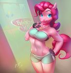  anthrofied blue_eyes breasts cleavage clothed clothing equine female fingerless_gloves friendship_is_magic fur gloves hair horse looking_at_viewer mammal miles_df my_little_pony pink_fur pink_hair pinkie_pie_(mlp) pony shorts skimpy solo 