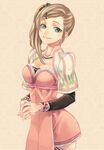  breasts brown_hair cowboy_shot driselle_sharil green_eyes hair_ornament hairclip interlocked_fingers jewelry lace lace_background light_smile long_sleeves medium_breasts miho_(mi) necklace side_ponytail tales_of_(series) tales_of_xillia 