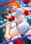  2girls blue_eyes boxing boxing_gloves breasts bruise covered_nipples erect_nipples injury multiple_girls orange_hair punching short_hair shorts sports_bra sweat tom-fembox 