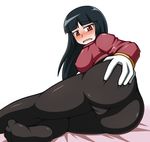  1girl ass ass_grab bed bed_sheet black_hair black_legwear blush breasts covered_nipples erect_nipples erect_nipples_under_clothes feet foot gloves gym_leader heart hips kneepits legs legwear long_hair looking_back lying natsume_(pokemon) nintendo on_side open_mouth pantyhose pokemon pokemon_(anime) pokemon_(game) recording red_eyes shiny smile solo sweat tongue translation_request worried 