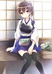  black_legwear brown_eyes brown_hair closed_mouth japanese_clothes kaga_(kantai_collection) kantai_collection konayama_kata long_sleeves looking_at_viewer muneate pleated_skirt side_ponytail skirt solo thighhighs wide_sleeves zettai_ryouiki 