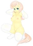  anthro anthrofied breasts crouching equine female fluttershy_(mlp) friendship_is_magic fur gloves hair horse japananon long_hair mammal my_little_pony navel nipples pink_hair plain_background pony pussy socks solo white_background yellow_fur 