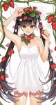  arutera bad_id bad_pixiv_id banned_artist bare_shoulders black_hair brown_eyes dress flower food food_themed_hair_ornament fruit hair_flower hair_ornament hair_ribbon highres leaf long_hair original plant ribbon see-through_silhouette smile strawberry strawberry_hair_ornament sundress twintails vines 