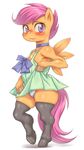  blush bow dress dress_lift hoihoi my_little_pony my_little_pony_friendship_is_magic panties pink_hair purple_eyes scootaloo smile thighhighs underwear white_background white_panties wings 