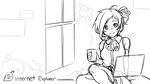  aizawa_inori collateral_damage_studios copyright_name cup freckles greyscale indoors internet_explorer looking_at_viewer monochrome mug personification sitting sketch skirt smile solo steam tea waha_(artist) window x-ray 