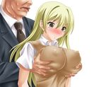  blonde_hair breast_grab breasts formal grabbing large_breasts suit tooi_(takun) ugly_man white_background 