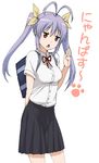  antenna_hair arm_behind_back bag blush breasts chestnut_mouth dress_shirt hair_ribbon hand_up highres long_hair medium_breasts miyauchi_renge non_non_biyori nyanpassu~ older open_mouth paw_print pleated_skirt purple_hair red_eyes ribbon school_bag school_uniform shirt skirt solo teenage translated twintails white_background yanagida_fumita 