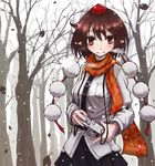  armband bare_tree blush breath brown_hair camera cold hat leaf light_smile long_sleeves looking_at_viewer necktie pointy_ears pom_pom_(clothes) red_eyes scarf shameimaru_aya skirt smile snowing solo tie_clip tokin_hat touhou tree usui_ryuusan winter 