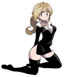  1girl anpolly arms_behind_back ass black_costume black_legwear black_shirt breasts brown_hair collarbone feet grey_eyes hips kneeling knees legs legwear long_hair nintendo pokemon pokemon_(game) pokemon_xy ponytail serena_(pokemon) shirt solo thighhighs thighs wide_hips 