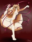  abstract_background bellerena breasts brown_fur brown_hair cat cute fangs feline female fluffy_tail fur hair heterochromia hindpaw long_hair looking_at_viewer mammal multiple_tails nipples nude open_mouth pawpads paws plantigrade pussy ribbons ship-wreck solo standing toes tongue 