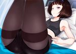  ass black_hair black_legwear galilei_donna hairband kazuki_ferrari minisuka_to_niku_daigaku panties panties_under_pantyhose pantyhose red_eyes short_hair solo sports_bra thighband_pantyhose underwear underwear_only 