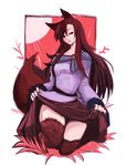  animal_ears bad_id bad_pixiv_id brooch brown_eyes brown_hair brown_skirt dress full_body hoshitetsu_ringo imaizumi_kagerou jewelry kneeling leg_hair long_hair looking_at_viewer simple_background skirt skirt_hold skirt_lift solo tail touhou white_background wolf_ears wolf_tail 