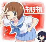  ;d black_hair blue_sailor_collar blue_skirt bob_cut brown_eyes brown_hair drawr kill_la_kill leaning_forward mankanshoku_mako matoi_ryuuko multiple_girls one_eye_closed open_mouth round_teeth sailor_collar school_uniform serafuku short_hair skirt smile star teeth tomatok0 v 