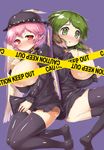  alternate_costume animal_ears blush breasts breasts_outside censored choujuu_gigaku collar danbo_(rock_clime) dress green_eyes green_hair kasodani_kyouko large_breasts long_sleeves multiple_girls mystia_lorelei novelty_censor pink_hair red_eyes short_hair touhou 