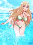  1girl absurdres aquila_yuna bikini blonde_hair blue_eyes blush breasts cleavage cloud clouds feet happy highres hips large_breasts legs long_hair looking_at_viewer navel ocean open_mouth saint_seiya saint_seiya_omega sky smile solo standing swimsuit thighs toes water wet yadokari_genpachirou 