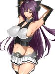  1girl armpits arms_up bare_shoulders breasts chozetsu covered_nipples curvy elbow_gloves erect_nipples female gloves hair_ornament hand_behind_head highres kantai_collection large_breasts long_hair midriff miniskirt mound_of_venus nagato_(kantai_collection) navel purple_hair saliva simple_background skirt solo tongue white_background 