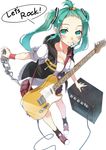  alternate_costume amplifier aqua_eyes aqua_hair bent_over breasts cleavage collarbone electric_guitar english forehead guitar hair_ornament hatsune_miku highres instrument long_hair looking_at_viewer medium_breasts microphone microphone_stand mouth_hold nanahara_fuyuki open_clothes open_vest scrunchie shirt short_sleeves simple_background skirt smile solo speech_bubble star twintails vest vocaloid white_background wristband 