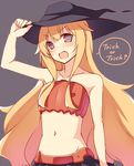  :3 :d amatsuka_mao bare_shoulders blush english fang flat_chest gj-bu hair_flaps halloween hand_on_headwear hat hat_tip long_hair midriff navel nekoume open_mouth orange_hair purple_eyes smile solo speech_bubble trick_or_treat v-shaped_eyebrows very_long_hair witch_hat you're_doing_it_wrong 
