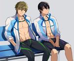  bench black_hair blue_eyes blush brown_hair free! glasses goggles goggles_around_neck green_eyes jacket jammers legskin male_focus multiple_boys muscle nanase_haruka_(free!) nonhomo_gyunyu open_mouth shirt_lift smile sweat swimsuit tachibana_makoto track_jacket 