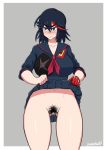  10s 1girl black_hair blue_eyes blush breasts clitoris duo_kawa embarrassed female flashing gloves kill_la_kill large_breasts matoi_ryuuko midriff multicolored_hair navel no_panties pleated_skirt pubic_hair pussy red_hair school_uniform senketsu serafuku shirt shirt_lift short_hair single_glove skirt solo standing streaked_hair suspenders uniform 