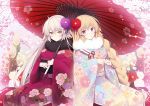  blonde_hair braids fate/grand_order fate_(series) flowers japanese_clothes jeanne_d&#039;arc_(fate) jeanne_d&#039;arc_alter kimono long_hair miko_92 purple_eyes umbrella white_hair yellow_eyes 