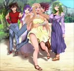  2boys 3girls absurdres aquila_yuna athena black_eyes blonde_hair blue_eyes blush breast_grab breasts brown_eyes brown_hair cleavage denim dress everyone feet grabbing green_eyes green_hair group hand_on_hip happy highres hug jeans kido_saori large_breasts legs long_hair multiple_boys multiple_girls open_mouth ophiuchus_shaina pants pegasus_koga pegasus_seiya purple_hair red_hair saint_seiya saint_seiya_omega sandals shadow shoes short_hair smile standing thighs toes tree trees wavy_hair yadokari_genpachirou 