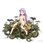  bad_id bad_pixiv_id barefoot blush breasts full_body hebinui highres long_hair medium_breasts navel nipples nude original plant pointy_ears purple_hair simple_background sitting solo vines white_background yellow_eyes 