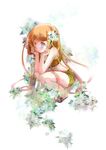  amafuku_amane blue_eyes blush copyright_request flower full_body head_rest long_hair orange_hair sandals shorts solo squatting very_long_hair 