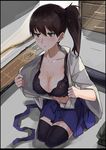  black_bra black_legwear bra breasts brown_eyes brown_hair cleavage collarbone highres japanese_clothes kaga_(kantai_collection) kantai_collection kneeling kusanagi_kaoru large_breasts partially_undressed pleated_skirt side_ponytail skirt solo thighhighs underwear zettai_ryouiki 