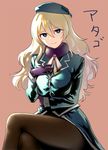  atago_(kantai_collection) bad_id bad_pixiv_id black_gloves black_legwear blonde_hair blush breasts character_name crossed_legs gloves green_eyes hat kantai_collection large_breasts long_hair military military_jacket military_uniform pantyhose peru_(tokyoska4592) sitting smile solo uniform 