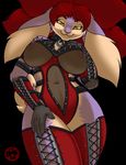  black_background breasts darknurse female fur hair lagomorph lingerie looking_at_viewer mammal nipples plain_background purple_fur rabbit red_hair smile solo spikes tan_fur violet_fur yellow_eyes 