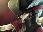 absurdres black_hair close-up dracule_mihawk facial_hair goatee hat high_collar highres jewelry male_focus necklace one_piece penator plume red_background ringed_eyes signature solo yellow_eyes 