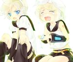  &gt;_&lt; 1girl arm_warmers belt blonde_hair blue_eyes brother_and_sister closed_eyes crying hairband headphones holding kagamine_len kagamine_rin leg_warmers musical_note oka_(umanihiki) open_mouth ponytail school_uniform serafuku short_hair short_sleeves shorts siblings sitting tears twins vocaloid 