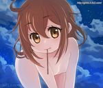  bad_id bad_pixiv_id brown_eyes brown_hair cloud flat_chest food ginko_(silver_fox) ikazuchi_(kantai_collection) kantai_collection looking_at_viewer nipples nude pocky sky solo 