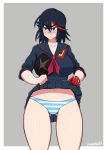  10s 1girl black_hair blue_eyes blush breasts duo_kawa embarrassed female flashing gloves kill_la_kill large_breasts matoi_ryuuko midriff multicolored_hair navel panties pleated_skirt red_hair school_uniform senketsu serafuku shirt shirt_lift short_hair single_glove skirt solo standing streaked_hair striped striped_panties suspenders underwear uniform 