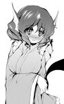  blush breasts danbo_(rock_clime) greyscale head_fins japanese_clothes kimono large_breasts long_sleeves mermaid monochrome monster_girl obi sash short_hair smile solo touhou wakasagihime wide_sleeves 