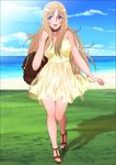  1girl absurdres aquila_yuna bag beach blonde_hair blue_eyes blush breasts cloud clouds dress feet grass handbag happy highres large_breasts legs long_hair looking_at_viewer ocean open_mouth panties purse saint_seiya saint_seiya_omega sand sandals see-through sky smile solo standing thighs toes underwear water yadokari_genpachirou 