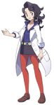  1boy 1girl anpolly belt black_hair blue_shirt coat collar collarbone earrings genderswap green_eyes hips jewelry knees labcoat legs legwear nintendo pantyhose platane_(pokemon) pokemon pokemon_(game) pokemon_xy red_legwear shirt shoes skirt smile solo white_background 