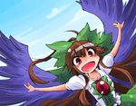  bird_wings blue_sky bow brown_hair cloud collarbone day hair_bow long_hair open_mouth outstretched_arms pink_eyes puffy_sleeves reiuji_utsuho shinapuu shirt short_sleeves skirt sky smile solo third_eye touhou very_long_hair wings 